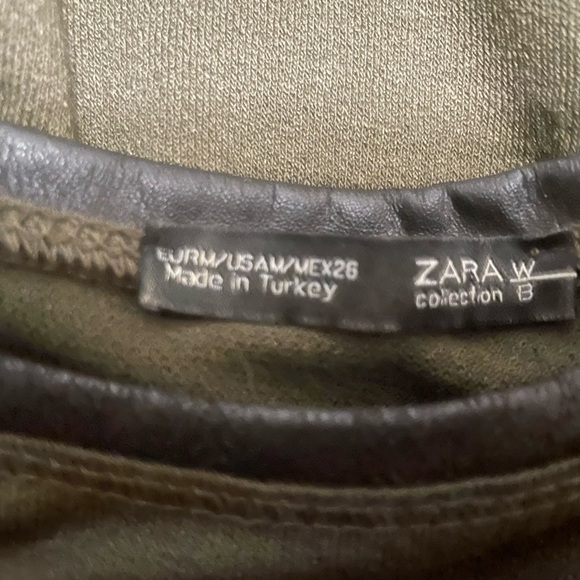 Zara womens M long sleeve Tunic Top faux leather trim on neck Army Green - Picture 4 of 6